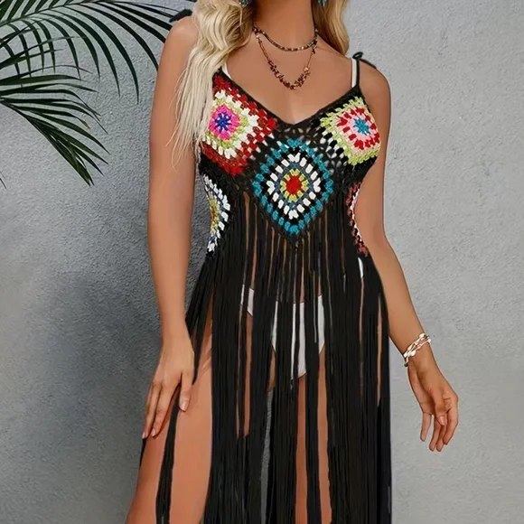 NWT 🏖️ BLACK CROCHETED FRINGED SWIM COVER-UP COLOR BLOCK BEACH DRESS One Size - Picture 2 of 10